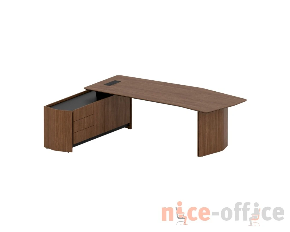 Стол руководителя с тумбой левый, лючок, 247,6х184,2х74,4 Reflex Орех/Черный